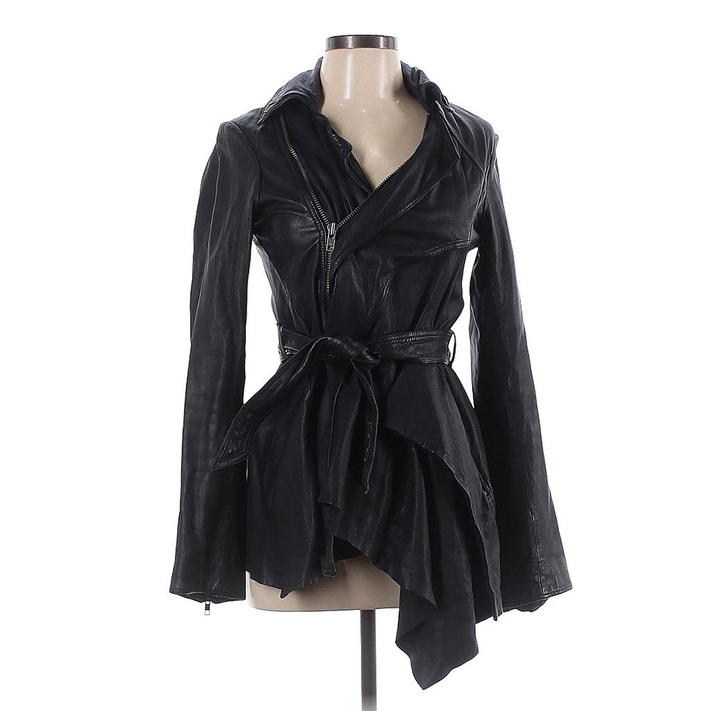 ALL SAINTS Spitalfield Black Leather Asymmetrical Jacket UK sz 12 [RARE FIND]